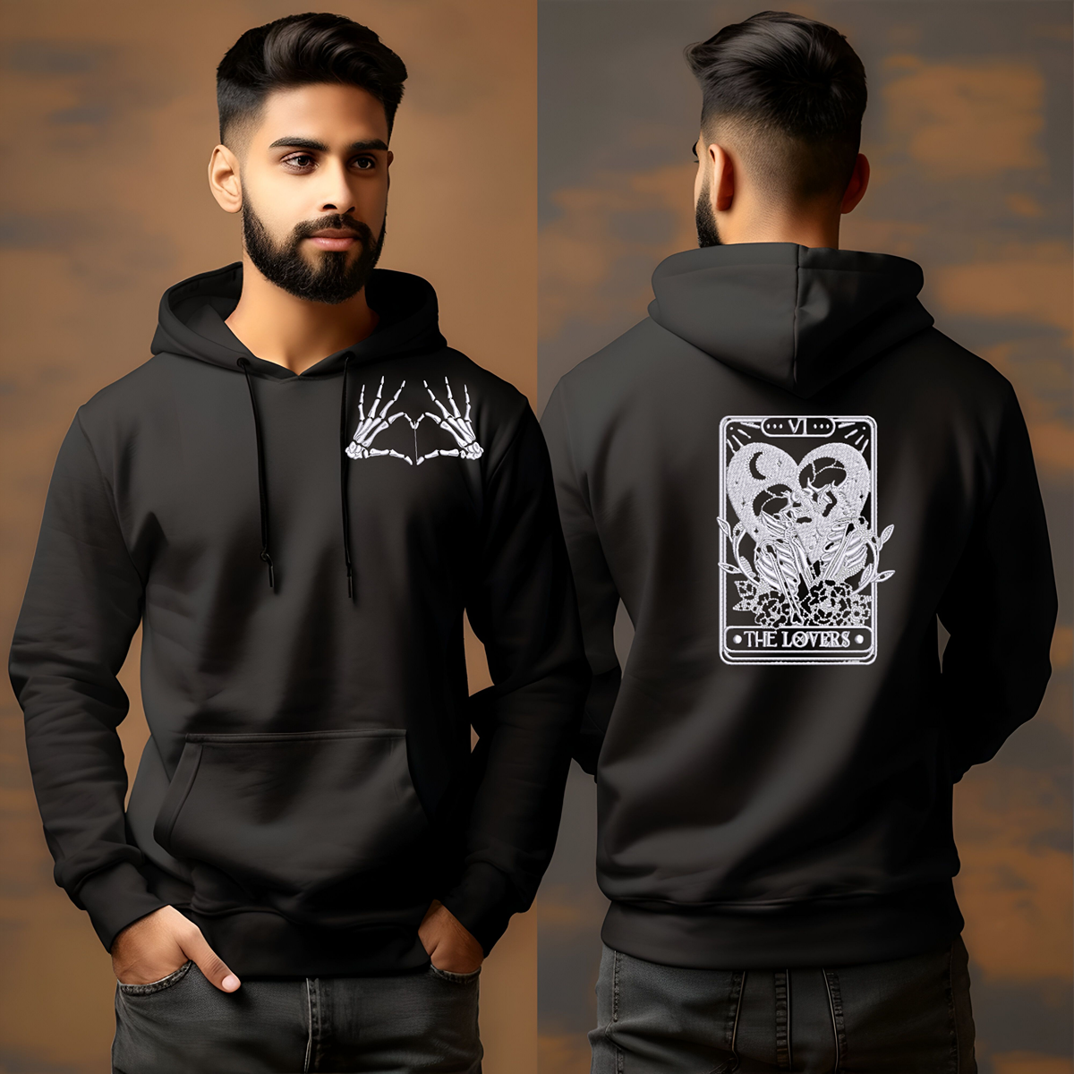 black hoodie with skeleton heart hands on the front, and tarot card embroidered on the back