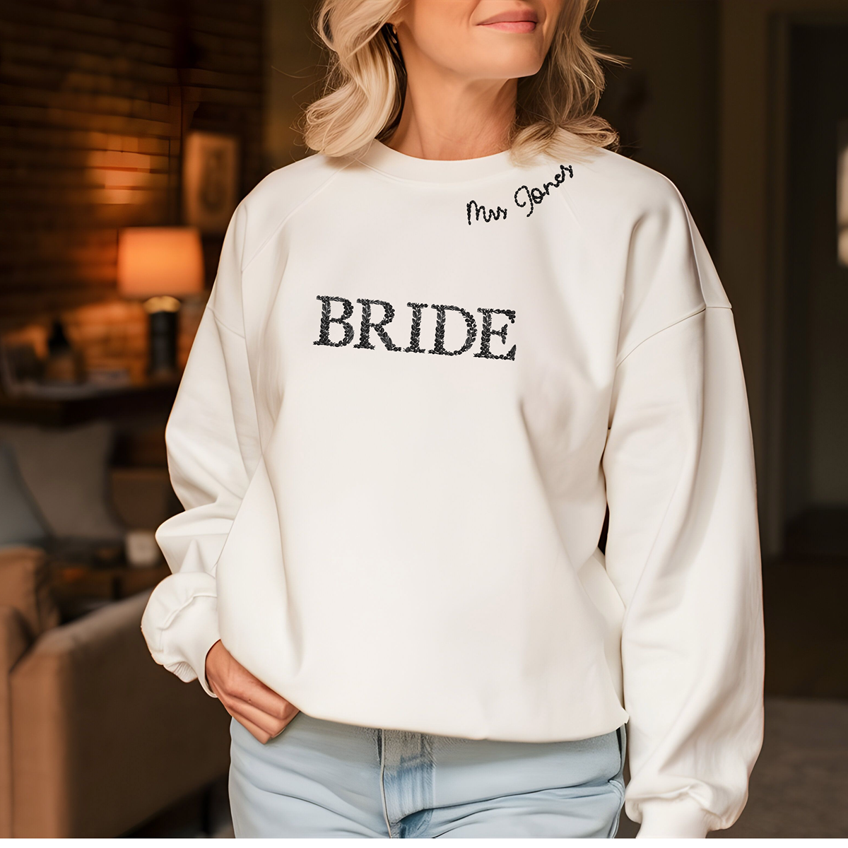 Image of a custom embroidered Bride Sweatshirt