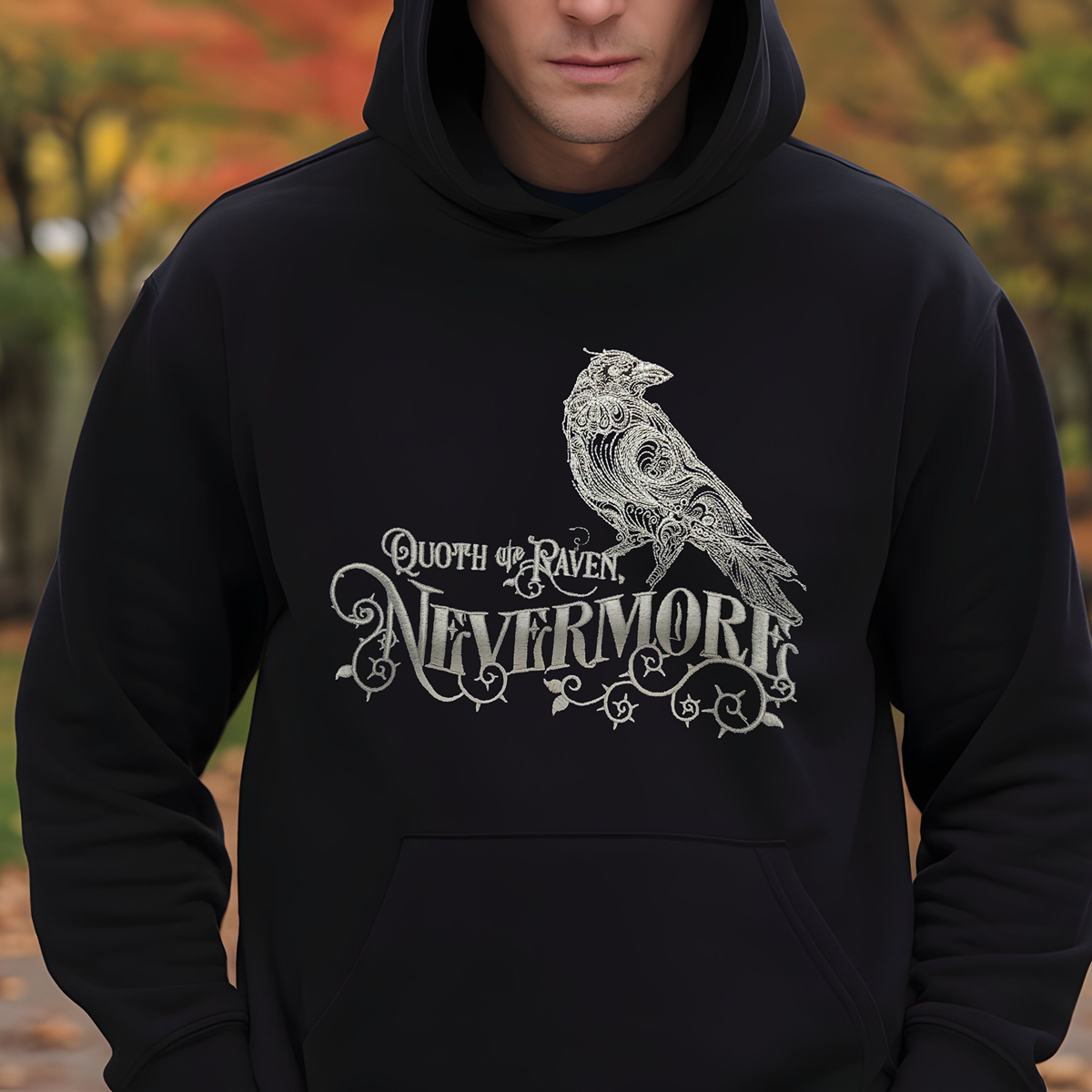 black hoodie with "Quoth Raven Nevermore" embroidered on it