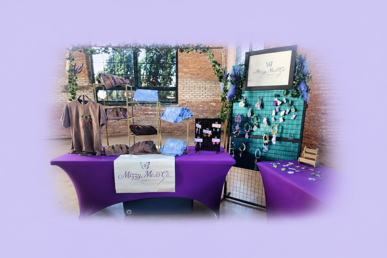 Stylishly decorated booth with purple tablecloth and various items on display against a white background