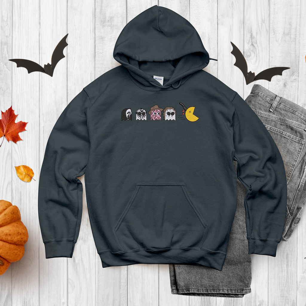 Halloween Horror Ghosts Embroidered Pullover Hoodie Sweatshirt | Funny Spooky Pac-Man