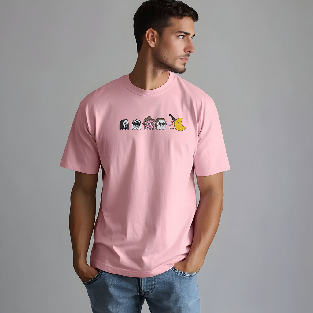 Halloween Horror Ghosts Embroidered TShirt | Funny Spooky Pac-Man S-4X
