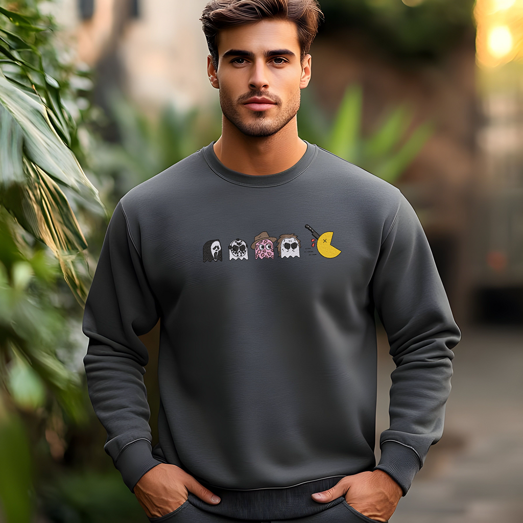 Halloween Horror Ghosts Embroidered Crewneck Sweatshirt | Funny Spooky Pac-Man | Soft Cotton Unisex
