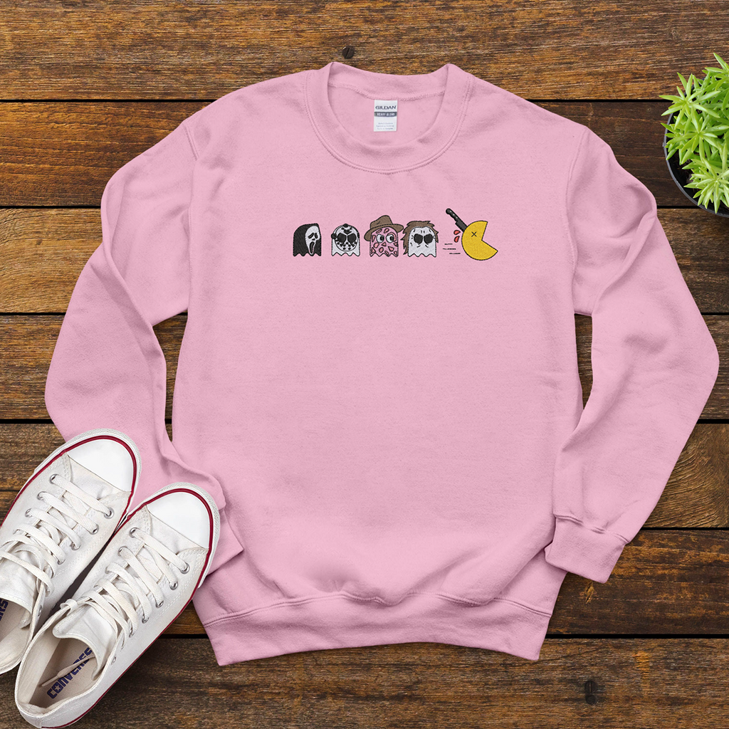 Halloween Horror Ghosts Embroidered Crewneck Sweatshirt | Funny Spooky Pac-Man | Soft Cotton Unisex