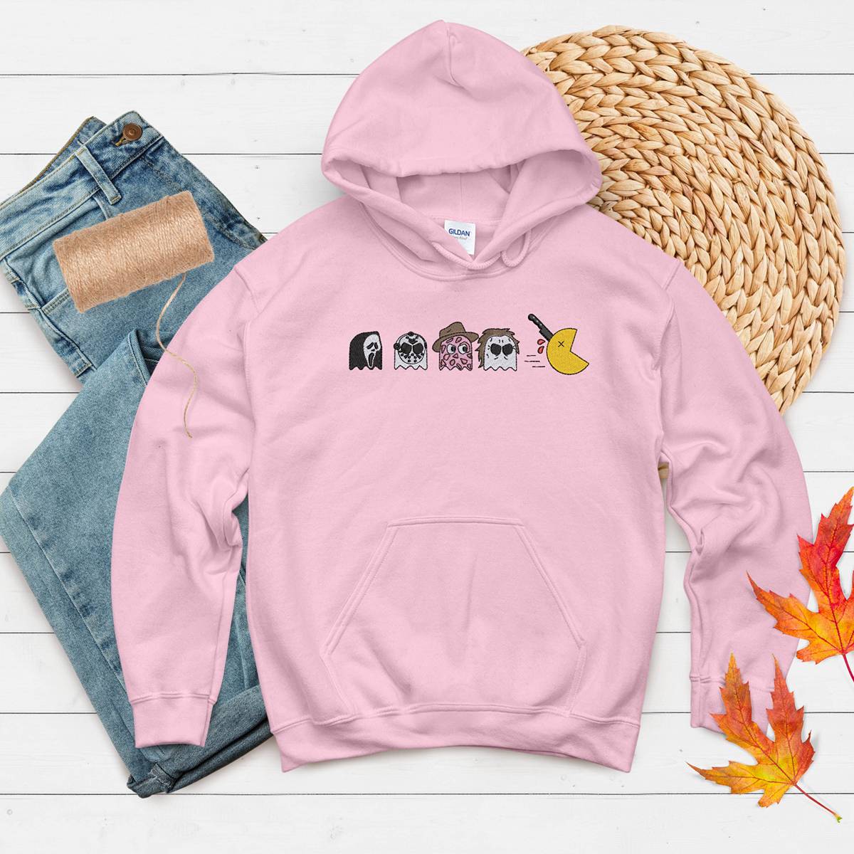 Halloween Horror Ghosts Embroidered Pullover Hoodie Sweatshirt | Funny Spooky Pac-Man