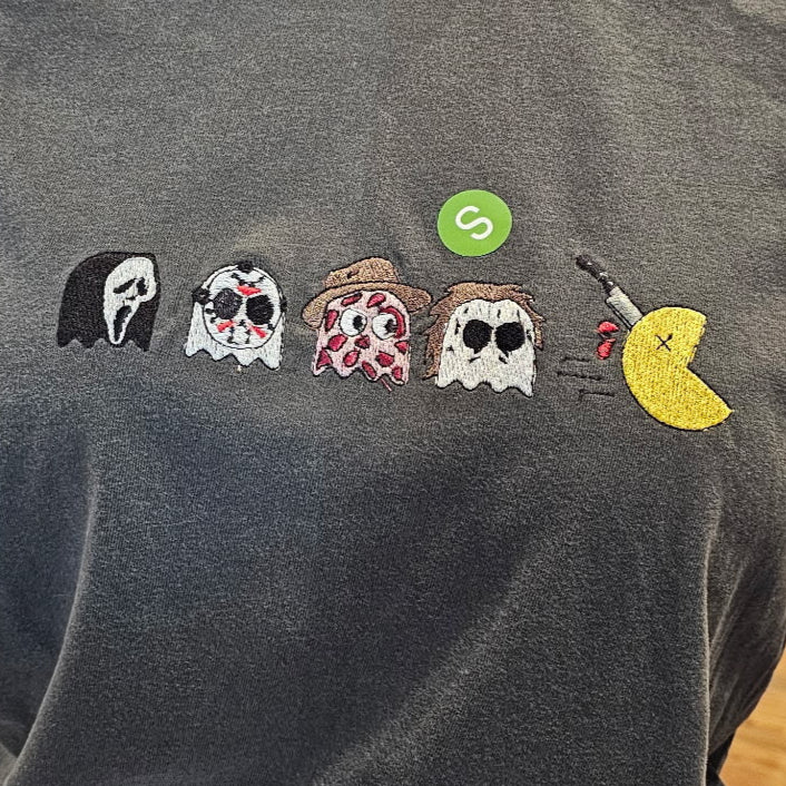 Halloween Horror Ghosts Embroidered Crewneck Sweatshirt | Funny Spooky Pac-Man | Soft Cotton Unisex